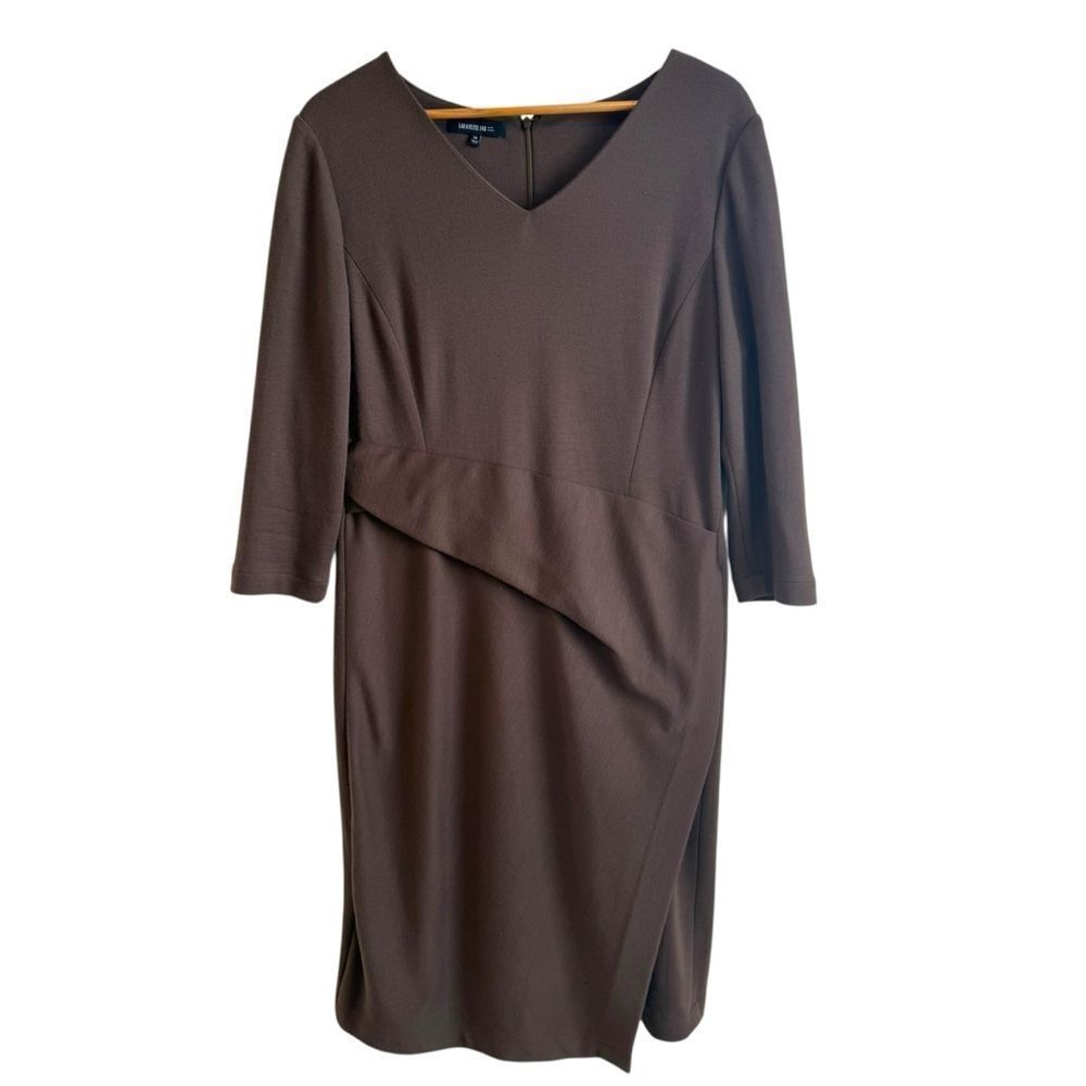 Lafayette 148 Chocolate Brown Wool Minimalist Long Sleeve Faux Wrap Midi Dress